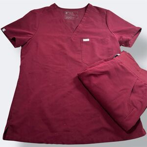 Figs 2pc Scrub Set Catarina Top Small / Zamora Jogger Scrub Pants Med -Burgundy